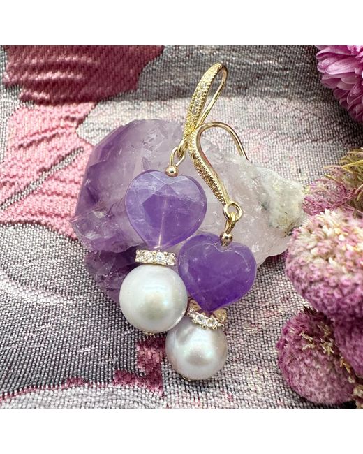 Farra Purple Heart Shaped Amethyst With Freshwater Pearl Earrings