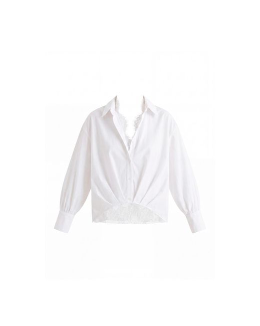Paisie White Two-Piece Pleated Waist Shirt Set With Lace Cami Underlay
