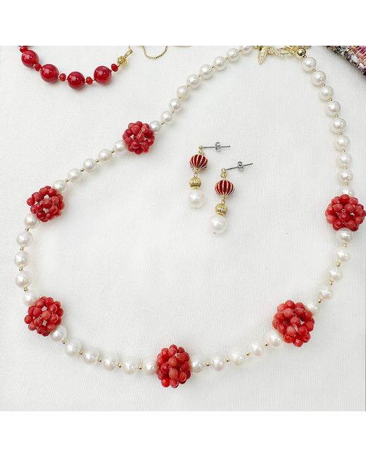 Farra Red Coral Flower Ball And Freshwater Pearls Statement Necklace