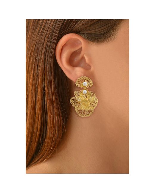 Lavish by Tricia Milaneze Metallic / Neutrals Pearl & Gold Shells Mini Handmade Crochet Earrings