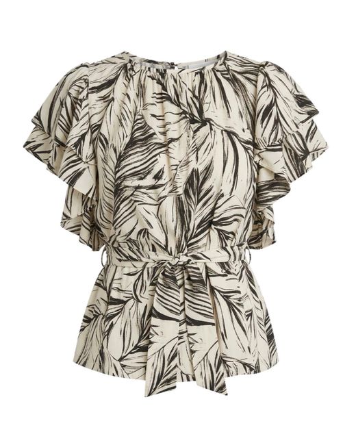 Imaatu Gray Neutrals Butterfly Blouse Palms Butter Sustainable Viscose One Size Ruffle Sleeves Tropical Print