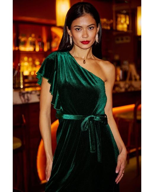 Yumi' Green Velvet Frill One Shoulder Midi Dress With Split Hem