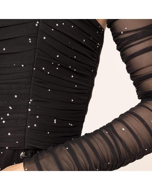 Nissa Black Rhinestone-Embellished Tulle Midi Dress