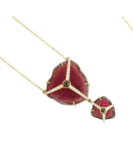 Artisan White Watermelon Tourmaline Slice & Diamond Pendant Necklace