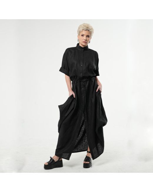 Metamorph Black Long Linen Shirt Dress
