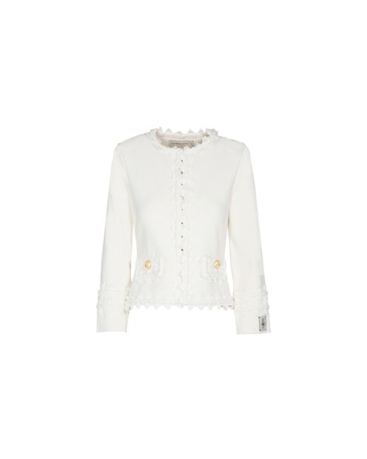 The Extreme Collection White Ivory Cropped Jacket With Textured Floral Embellishments And-Tone Buttons René