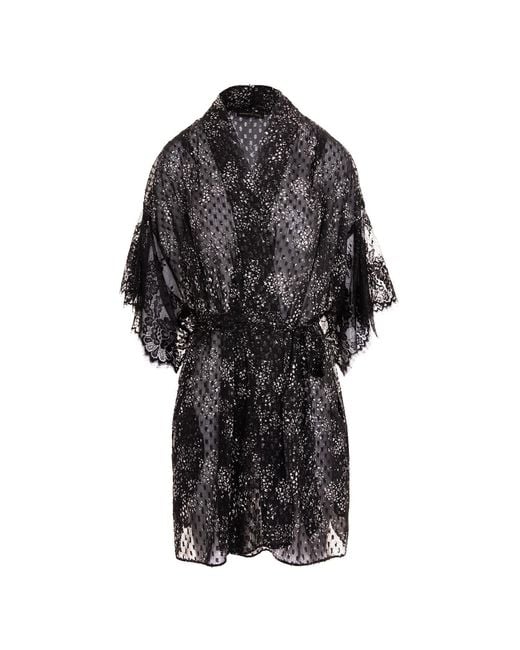concept A trois Black Printed Veil Kimono With Chantilly Lace Details