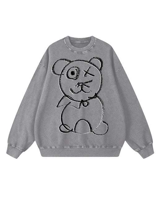X Ilona Blue Gray Graffiti Teddy Bear Vintage Washed Cotton Platinum Crewneck