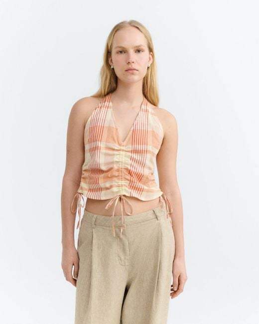 Thinking Mu White Adjustable Checkered Top Hiba