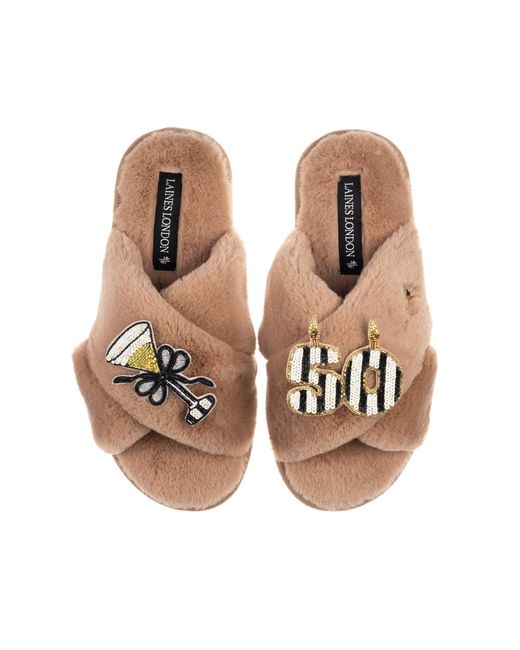 Laines London Brown Classic Laines Slippers With Stripe 50Th Birthday & Glass Of Champagne Brooches