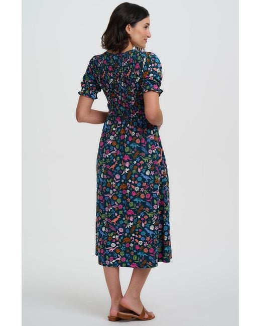 Sugarhill Blue Daphne Shirred Jersey Midi Dress, Multi, Hidden Dinosaur