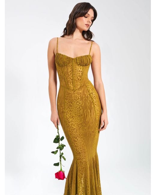 Miss Circle New York Green Ulani Burnout Velvet Detail Mesh Maxi Dress