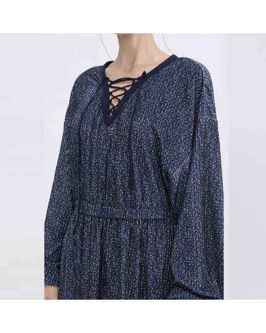 Smart and Joy Blue Lacing On V-Neck Velvet Tunic Dress With Liberty Print