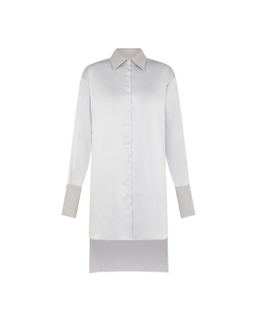 Sour Figs White Oversized Asymmetric High Low Satin Shirt Dress
