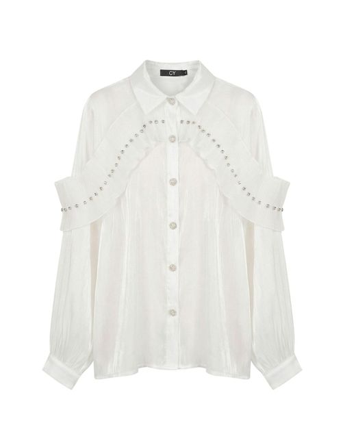 Cy Boutique White Pleated Ruffles With Dimoned Stone Embellished Design Organza Shirt