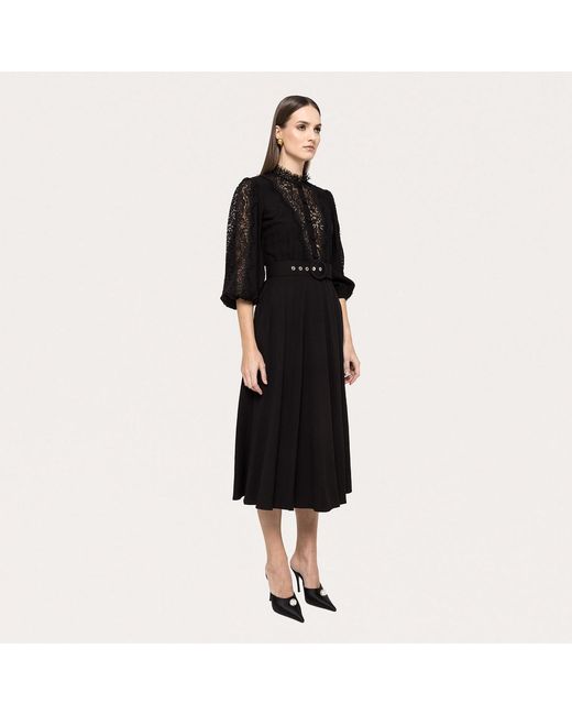 Nissa Black Lace-Insert Viscose Midi Dress