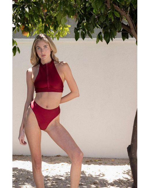 Belletage Swimwear Red Trail Ride Zip Mock Neck Top