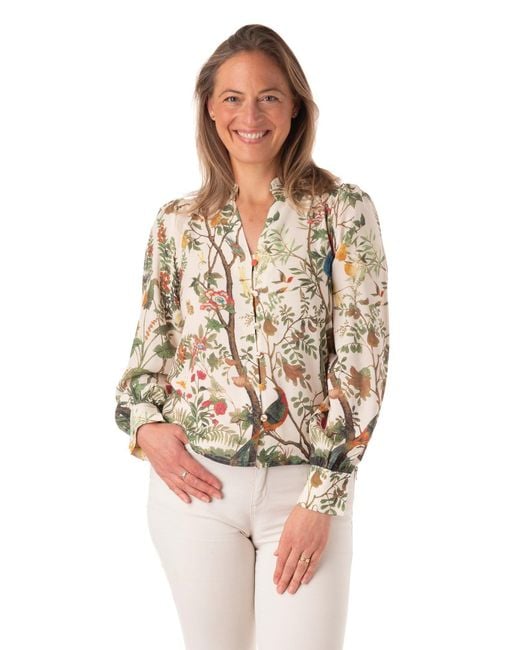 Franchetti Bond White Filide Birds & Branches Ruffle Neck Blouse