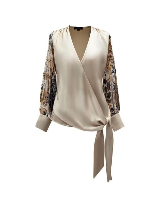 Smart and Joy Natural Neutrals Cross Heart Top With Floral Print Sleeves