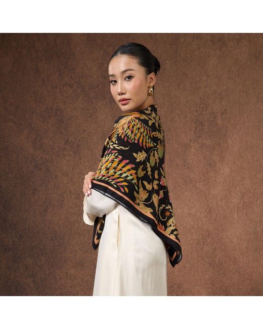 Silk and Bears Black Phoenix Garden Wool Silk Scarf – Floral Wrap, Hand-Rolled Hem, Winter Gift