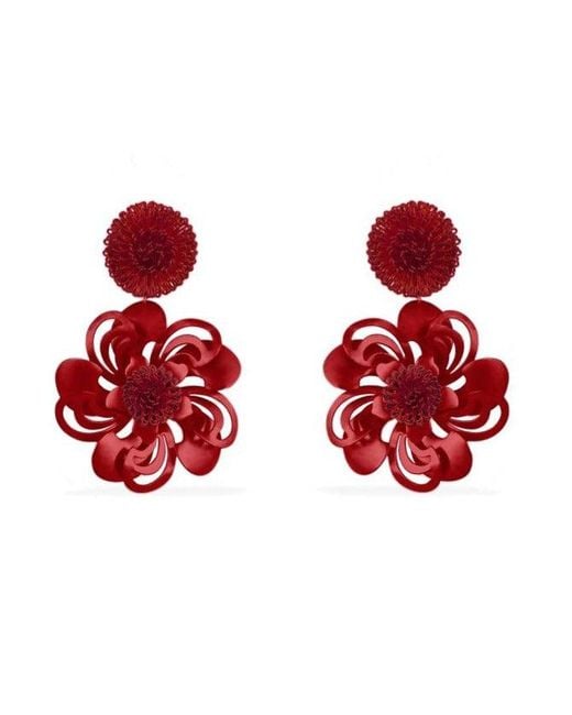 Pats Jewelry Red Deep Pompom Flower Earrings