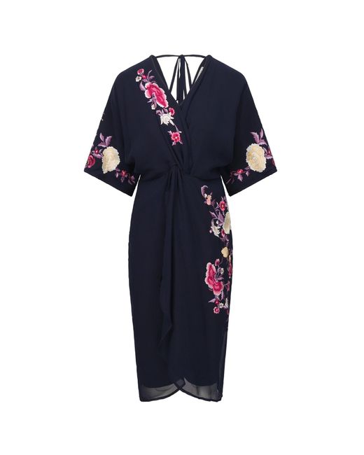 Hope & Ivy Blue The Katrina Embroidered Flutter Sleeve Twist Front Midi Dress
