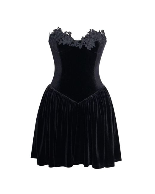 Miss Circle New York Black Nora Velvet Drop Waist Corset Puffy Mini Dress With Lace Trim
