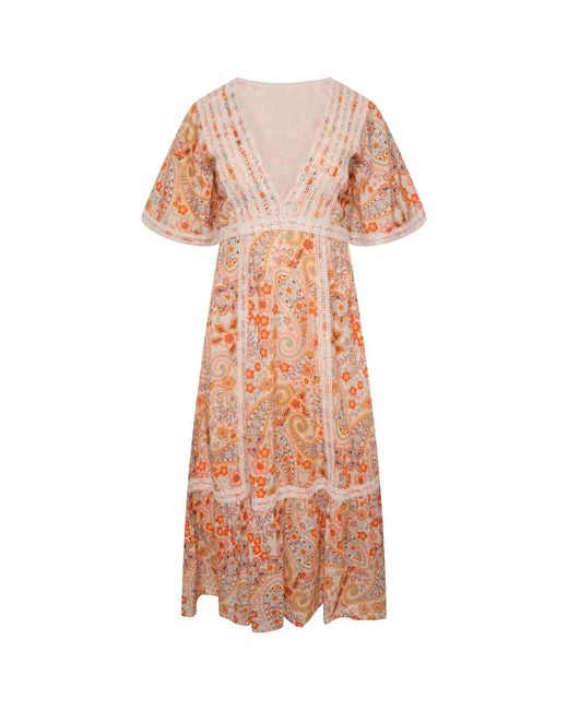 LAtelier London Pink Paisley Print Midi Dress With Lace Inserts