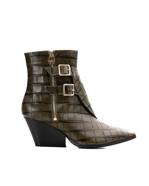 Rosamund Muir London Brown Beatrix Crocodile Print Ankle Boots