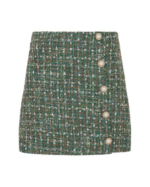 Sour Figs Green Pearl-Button Metallic Thread Bouclé Tweed Mini Skirt