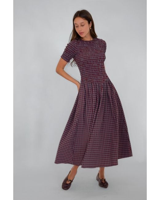 Amy Lynn Purple Beatrix Smocked Grape Plaid Midi Dress