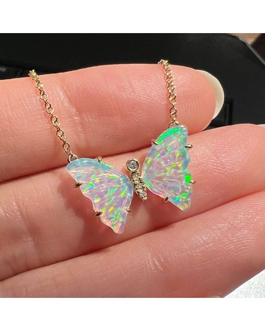 KAMARIA Blue Opal Butterfly Necklace With Diamonds & Prongs