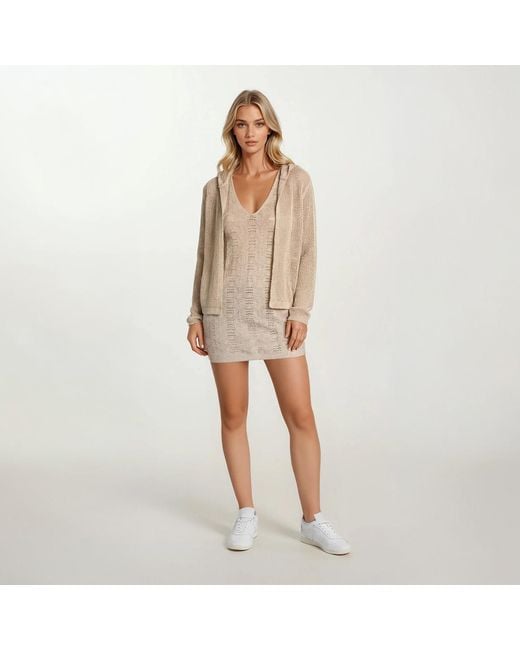 Haris Cotton Natural Neutrals Open-Knit Cardigan With Hood And Lurex Thread
