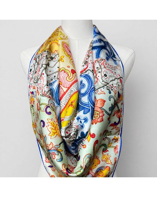 Wenzi Blue Tapestry Of Time Hand Painted Mulberry Silk Square Scarf