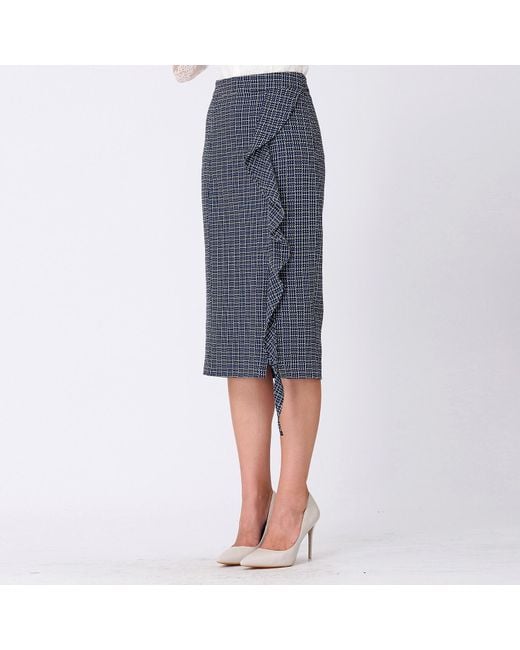 Smart and Joy Blue Micro Tartan Ruffle Pencil Skirt