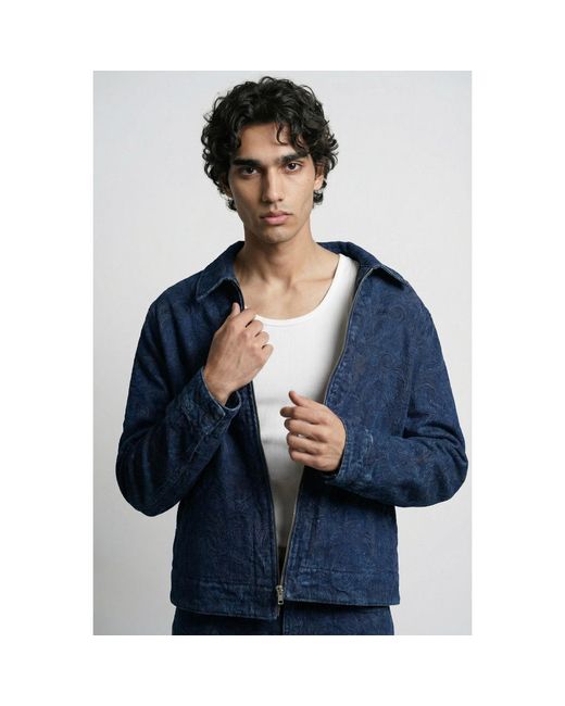 Modenaire Blue Textured Zip Jacket With Point Collar Tonal Pattern for men