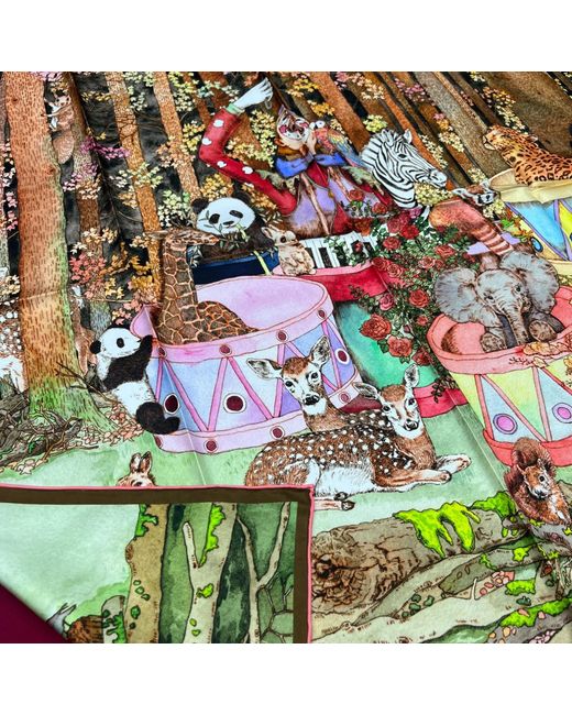 Wenzi Multicolor Neutrals The Forest Circus Hand Painted Mulberry Silk Square Scarf