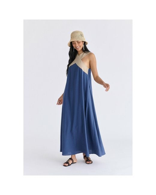 Paisie Blue Cross Strap Halterneck Maxi Dress
