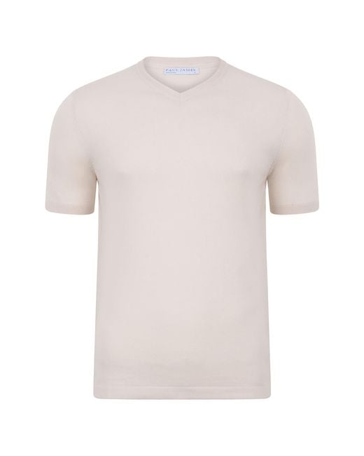 Paul James Knitwear White Neutrals Ultra Fine Cotton Hudson High V Neck Knitted T-Shirt for men