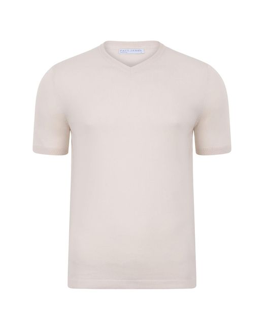 Paul James Knitwear White Neutrals S Ultra Fine Cotton Hudson High V Neck Knitted T-shirt for men