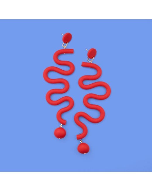 By Chavelli Red Tube Squiggles Dangly Statement Earrings