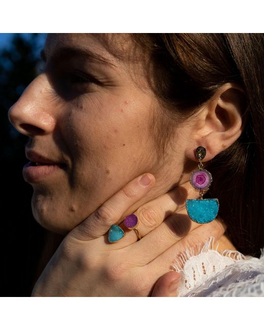 YAA YAA LONDON Blue Violet Turquoise Gemstone Gold Statement Earrings