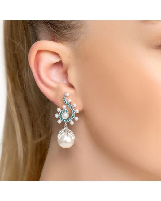 Latelita London Metallic Baroque Pearl Poseidon Gemstone Drop Earrings Aqua Silver