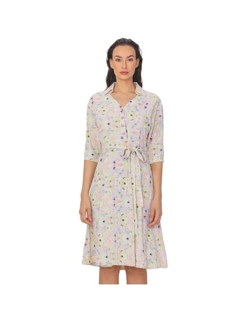 Smart and Joy Natural V Neckline Floral Print Shirt-Dress -Light