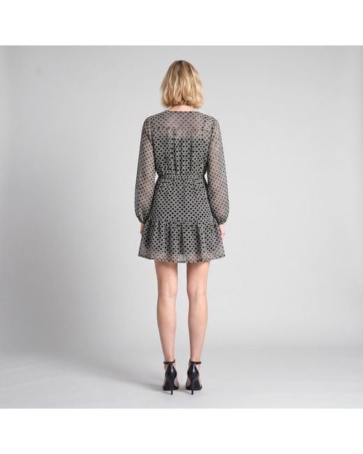 Modenaire Gray Polka Dot Embroidered Lace Dress With V-Neck & Tie Waist