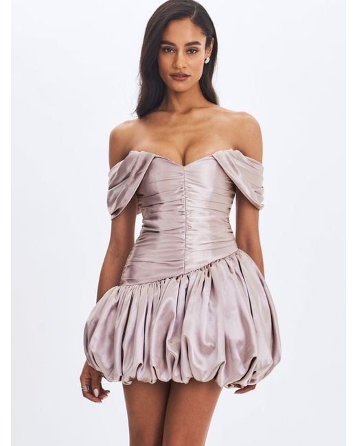 Miss Circle New York Gray Neutrals Milena Champagne Ruched Asymmetrical Bubble Mini Dress