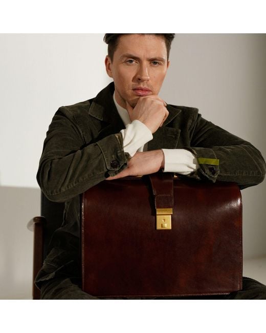 Time Resistance Brown Large Leather Briefcase for men
