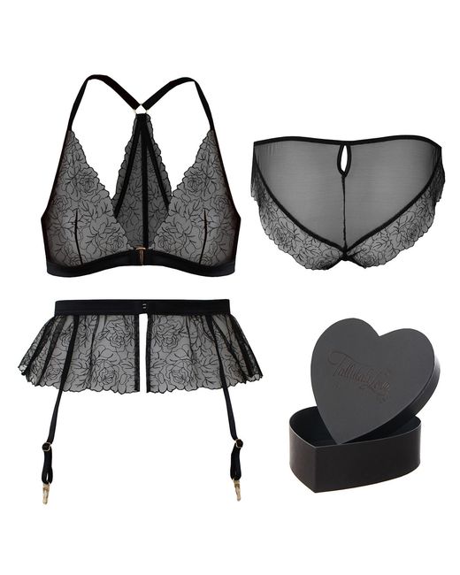 Tallulah Love Black Midnight Rose Gift Set: Bralette, Ouvert, Suspender & Gift Box