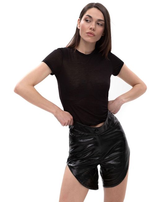 Maison Bogomil Black Curved Cut – Asymmetric High-Low Waist Leather Shorts