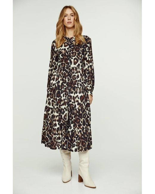 Conquista Black Animal Print Tiered Dress With Button Detail